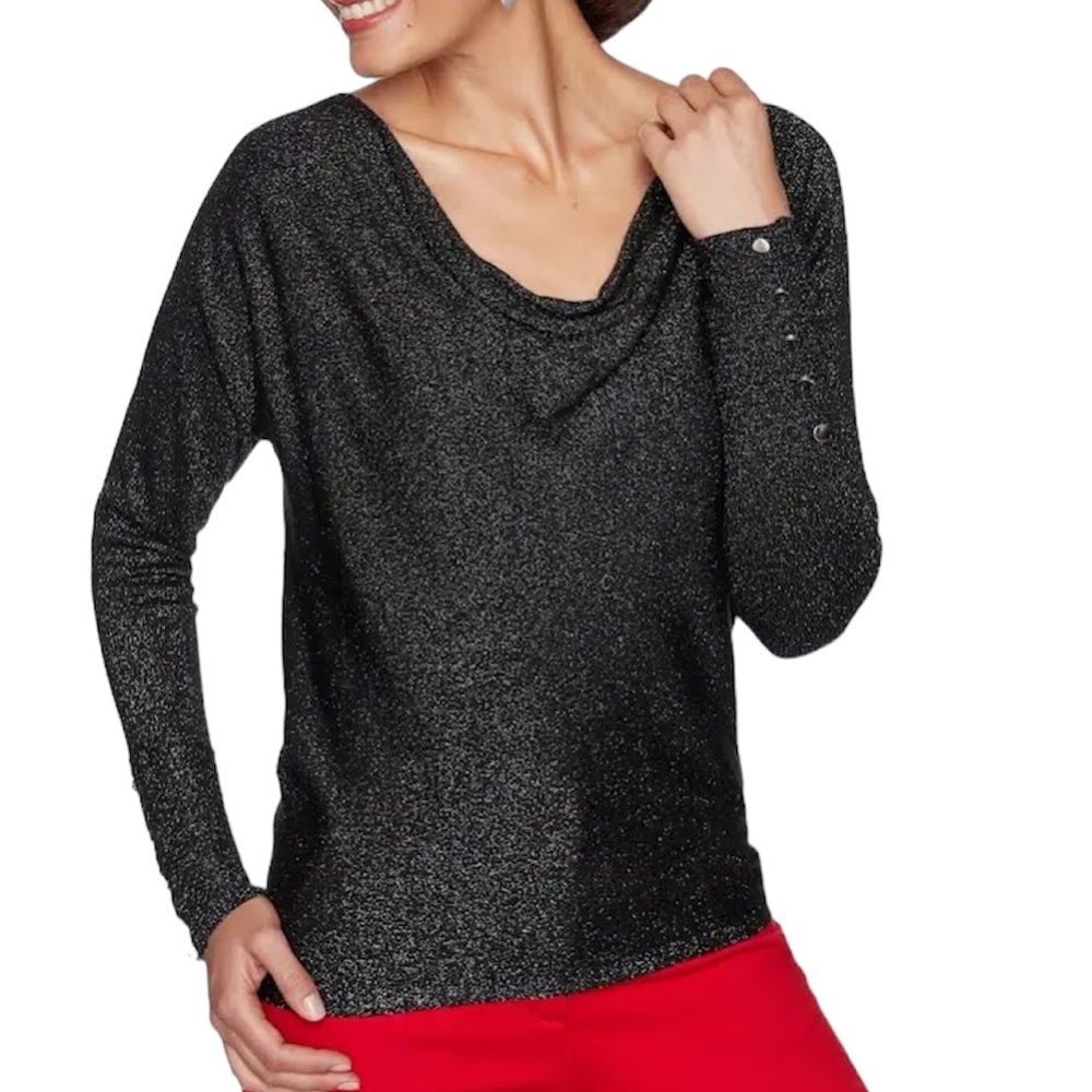 Ruby Rd. Black Metallic Glitter Cowl Neck Sweater